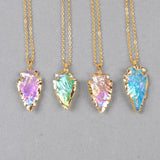 16" Gold Plated Rainbow Arrowhead Titanium Raw Aqua Crystal Quartz Necklace G0525-N