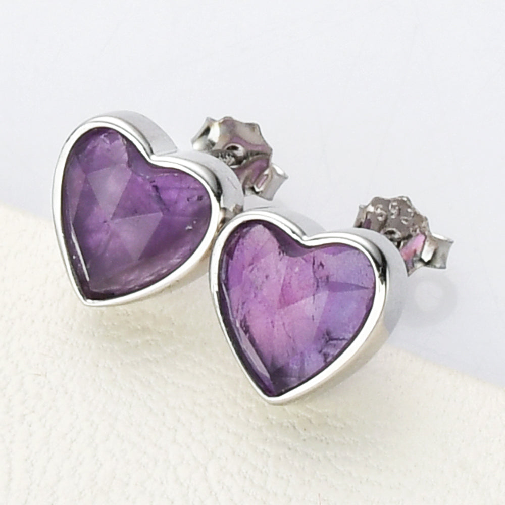silver amethyst heart stud earrings, S925 Sterling Silver Bezel Moonstone Heart Stud Earrings, Faceted Gemstone Crystal Earring, Birthstone Jewelry SS261