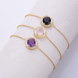 Round Gemstone CZ Gold Chain Bracelet, 925 Sterling Silver Crystal Jewelry SS327RG