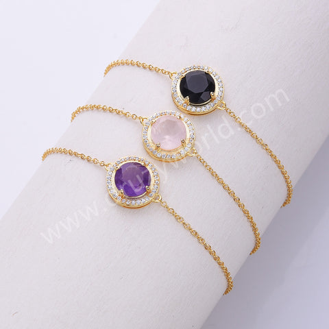 Round Gemstone CZ Gold Chain Bracelet, 925 Sterling Silver Crystal Jewelry SS327RG