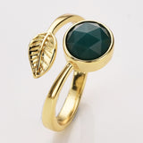 Gold Plated Leaf Round Gemstone Faceted Adjustable Rings, Natural Crystals Rings ZG0533