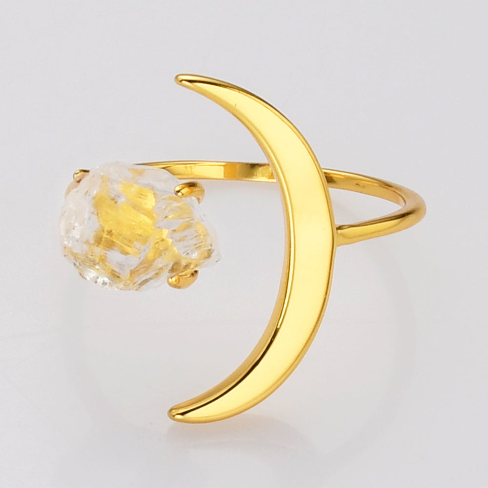 Gold Plated Birthstone Star Moon Ring, Raw Amethyst Crystal Ring, Adjustable Open Ring, Fashion Gemstone Jewelry AL544-