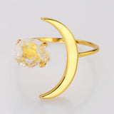 Gold Plated Birthstone Star Moon Ring, Raw Amethyst Crystal Ring, Adjustable Open Ring, Fashion Gemstone Jewelry AL639