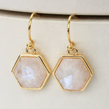 Gold Plated Hexagon Moonstone Earrings, Faceted Gemstone Earrings, Healing Crystal Jewelry ZG0503