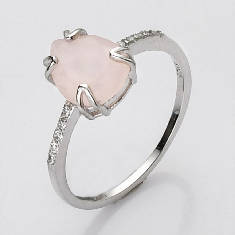 S925 Sterling Silver Claw Rose Quartz Ring, CZ Micro Pave, Teardrop Faceted Gemstone Crystal Ring, Birthstone Jewelry SS265