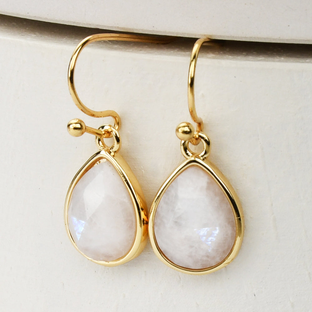 gold teardrop moonstone earrings, gemstone jewelry, healing crystal earrings, birthstone earrings, boho jewelry, gift for women