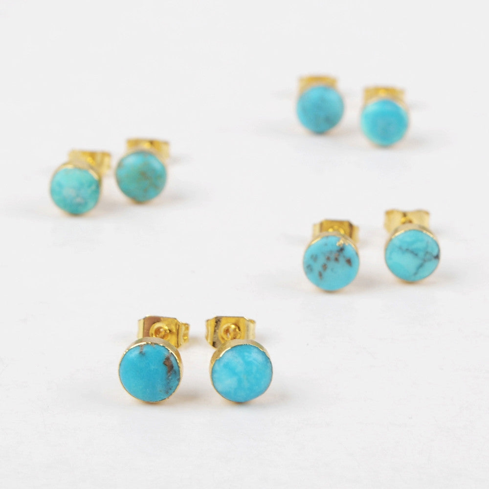 Gold Plated Small Round 6mm Natural Turquoise Gemstone Stud Earrings G1273