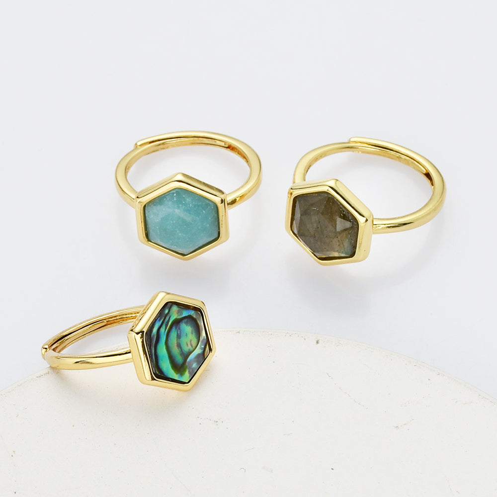 Hexagon Gold Gemstone Ring, Adjustable Size, Birthstone Ring, Natural Stone Jewelry WX2230