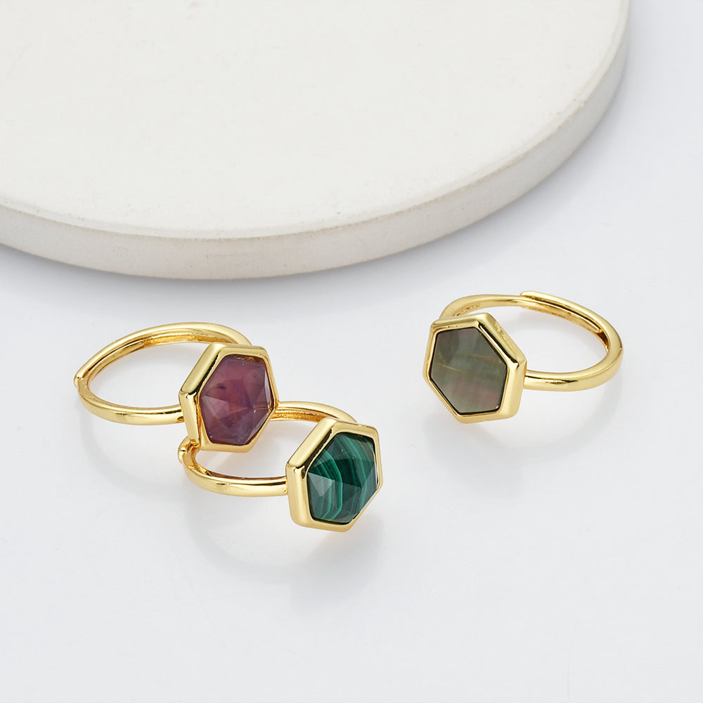 Hexagon Gold Gemstone Ring, Adjustable Size, Birthstone Ring, Natural Stone Jewelry WX2230