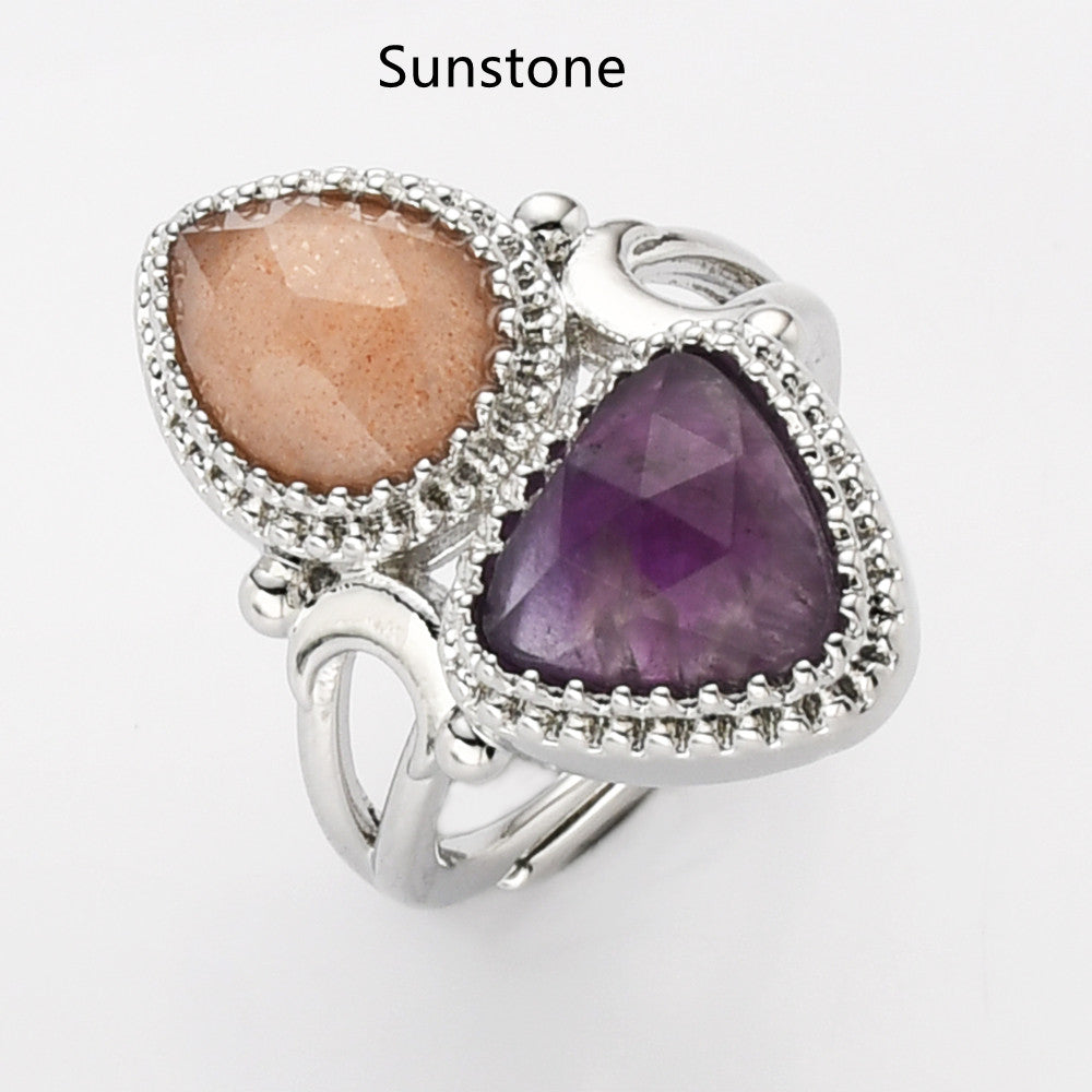 Sunstone Ring, Unique Triangle Amethyst & Teardrop Gemstone Ring, Silver Plated, Faceted Stone Ring, Adjustable, Crystal Jewelry WX2234
