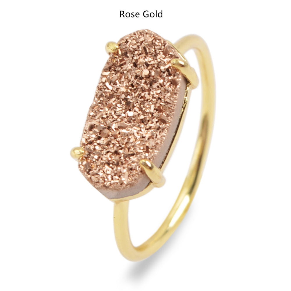 rose gold  druzy ring, Hexagon Gold Claw Natural Titanium Druzy Ring, Agate Drusy Gemstone Ring, Boho Jewelry ZG0319