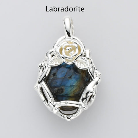 Unique Silver Plated Rose Flower Oval Gemtone Pendant, Polished Egg Stone Pendant, Healing Crystal Jewelry WX2228