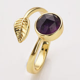 Gold Plated Leaf Round Gemstone Faceted Adjustable Rings, Natural Crystals Rings ZG0533