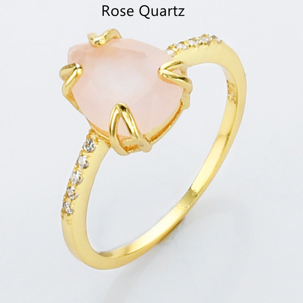 Rose Quartz Ring, Teardrop Gold Multi Gemstone CZ Ring, Faceted Birthstone Ring, Healing Crystal Stone Ring, Simple Fashion Jewelry For Women SS257