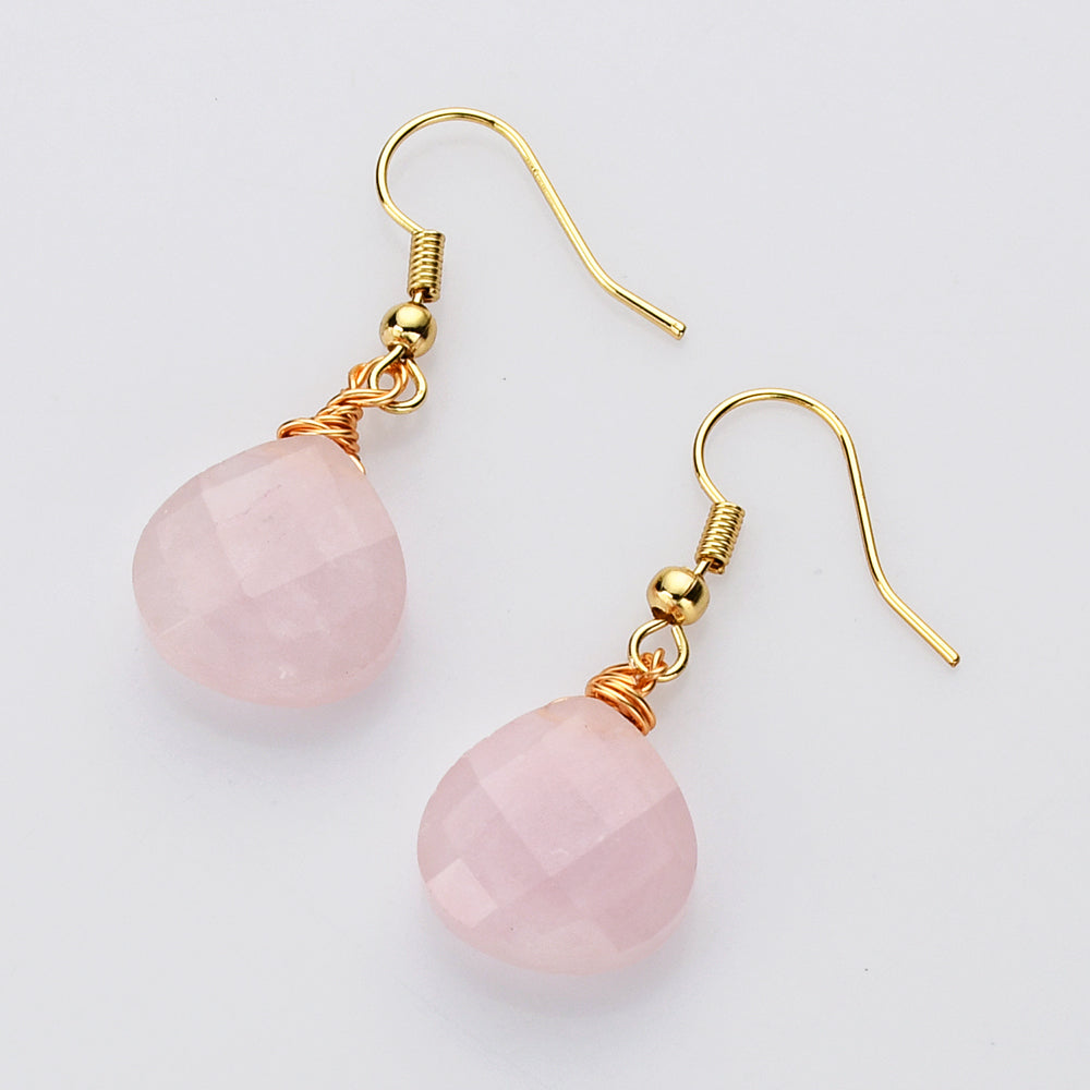 rose quartz earrings, Teardrop Gold Multi Gemstone Earrings, Faceted Healing Crystal Stone Earring, Simple Fashion  Jewelry WX2236