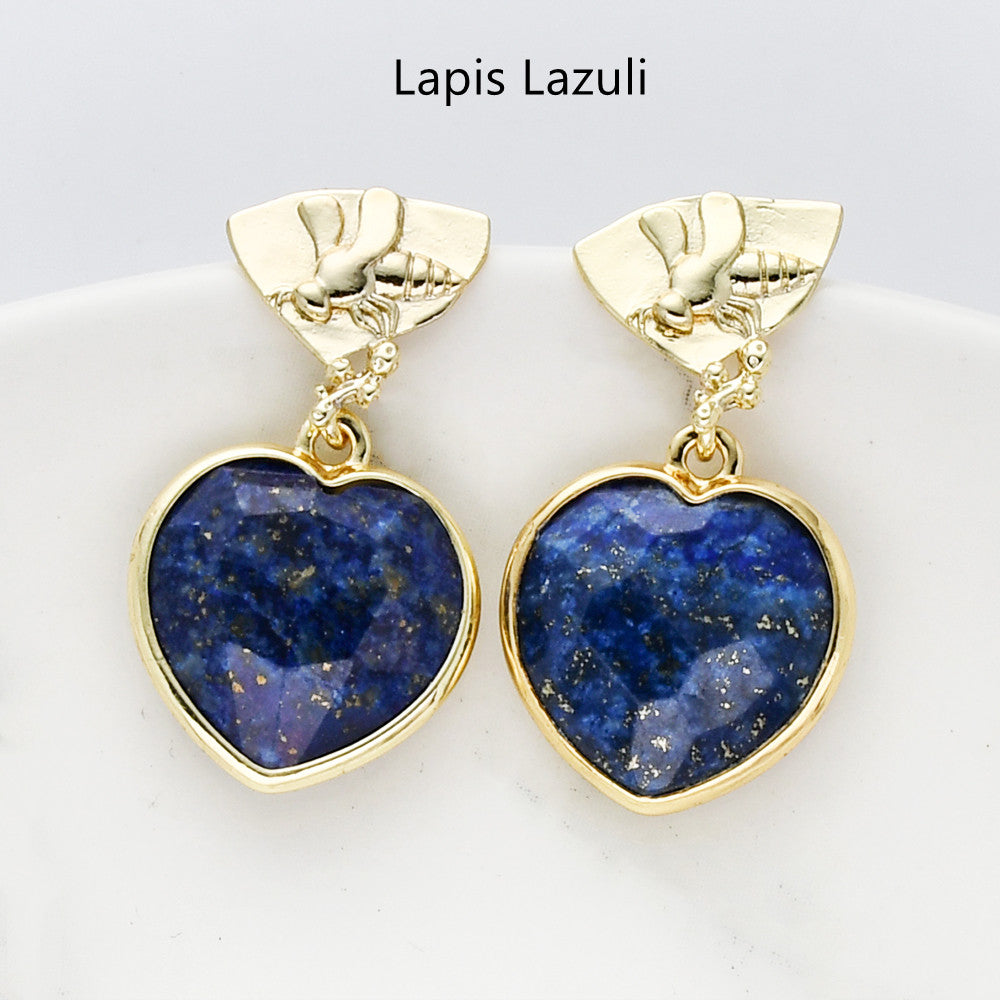 Lapis Lazuli Gemstone Heart Earrings, Gold Bee Studs, Faceted, Birthstone Earring, Healing Crystal Quartz Earring, Fashion Jewelry For Women