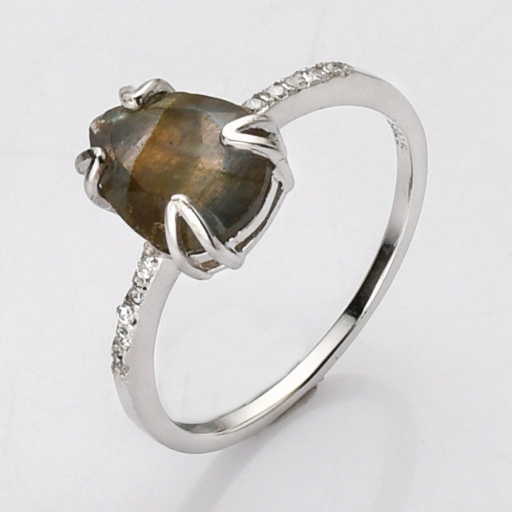 S925 Sterling Silver Claw Labradorite Ring, CZ Micro Pave, Teardrop Faceted Gemstone Crystal Ring, Birthstone Jewelry SS265