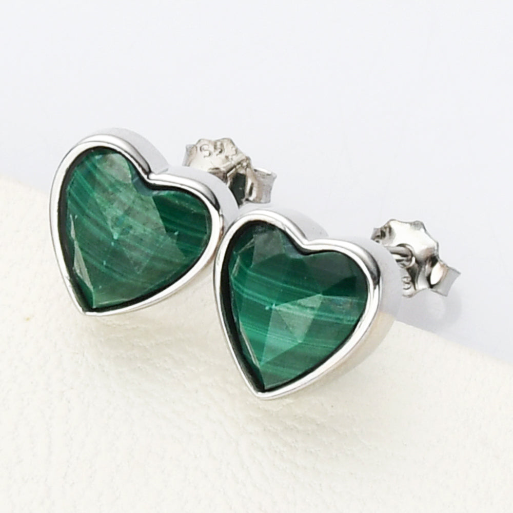 silver malachite heart stud earrings, S925 Sterling Silver Bezel Moonstone Heart Stud Earrings, Faceted Gemstone Crystal Earring, Birthstone Jewelry SS261