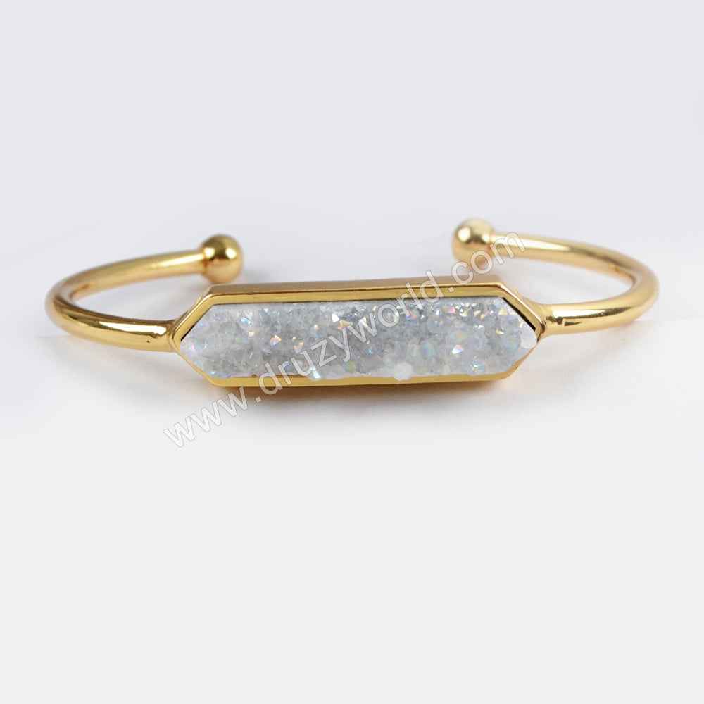 Long Hexagon Gold Plated Bezel Titanium AB White Druzy Bar Bangle Bracelet, Agate Drusy Crystal Jewelry Cuff ZG0274