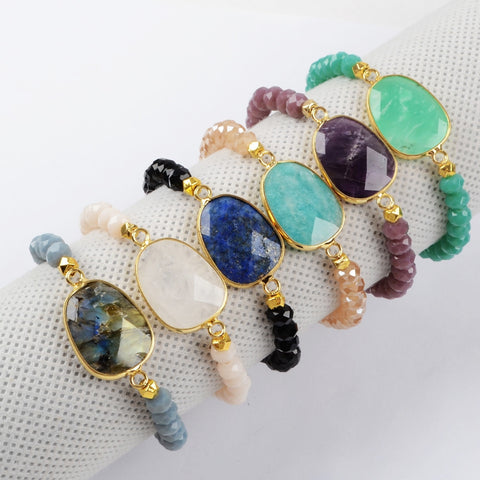 Gold Plated Labradorite Amazonite Lapis Lazuli Faceted Bracelet, 6mm Glass Crystal Beads G1406