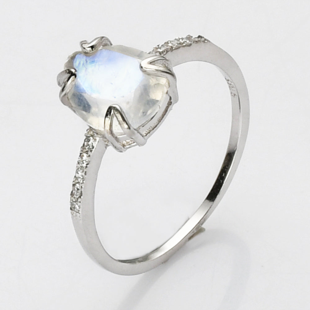 S925 Sterling Silver Claw Moonstone Ring, CZ Micro Pave, Teardrop Faceted Gemstone Crystal Ring, Birthstone Jewelry SS265