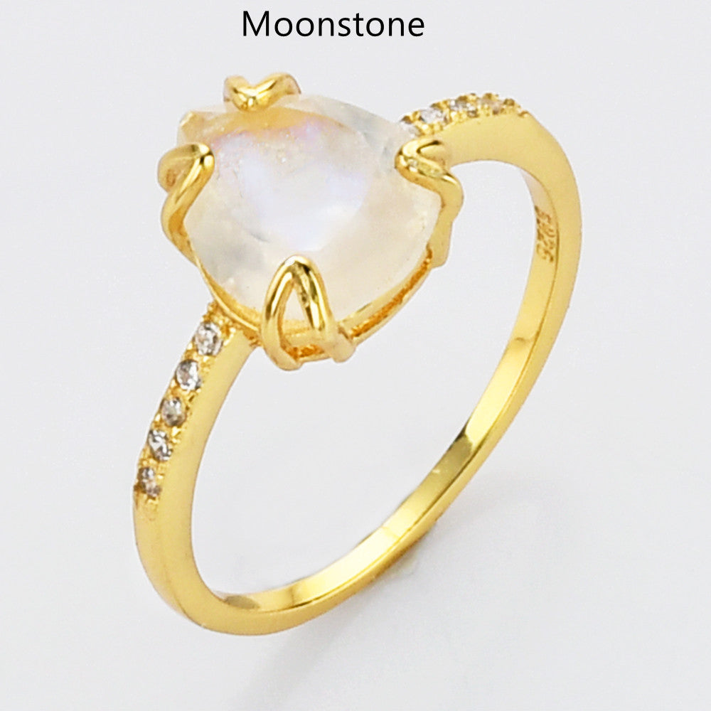 Moonstone Ring, Teardrop Gold Multi Gemstone CZ Ring, Faceted Birthstone Ring, Healing Crystal Stone Ring, Simple Fashion Jewelry For Women SS257