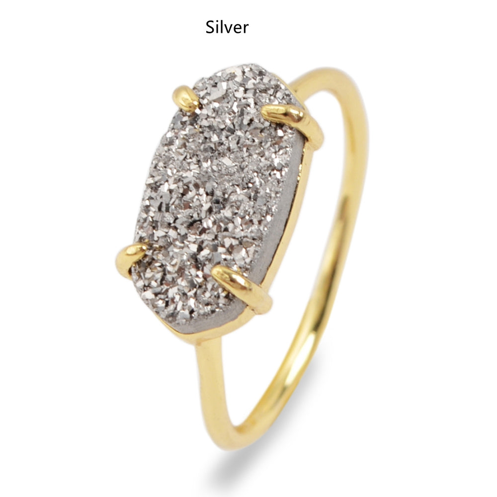 silver  druzy ring, Hexagon Gold Claw Natural Titanium Druzy Ring, Agate Drusy Gemstone Ring, Boho Jewelry ZG0319