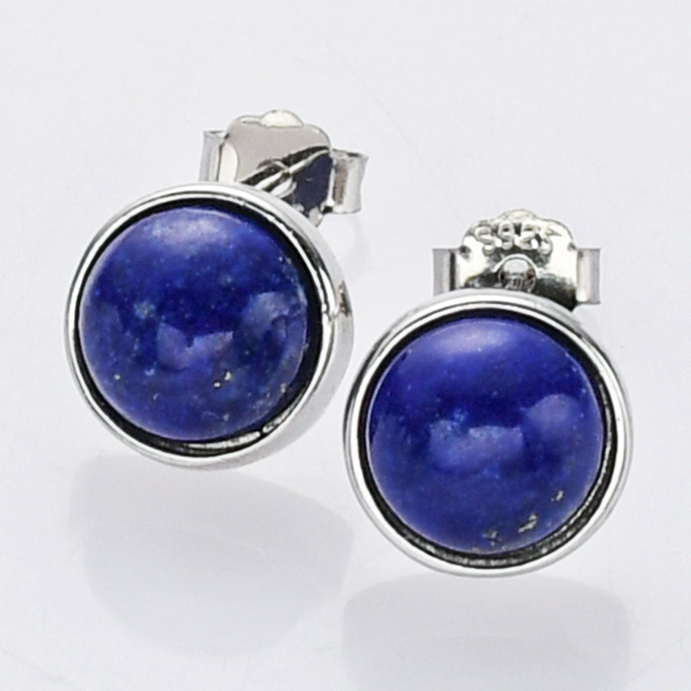 silver lapis lazuli stud earrings, round gemstone post earrings, birthstone earrings, healing stone earrings, boho jewelry