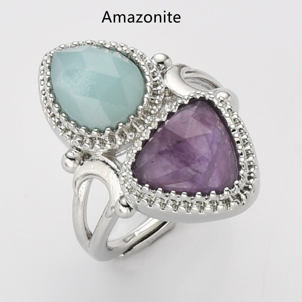 Amazonite Ring, Unique Triangle Amethyst & Teardrop Gemstone Ring, Silver Plated, Faceted Stone Ring, Adjustable, Crystal Jewelry WX2234