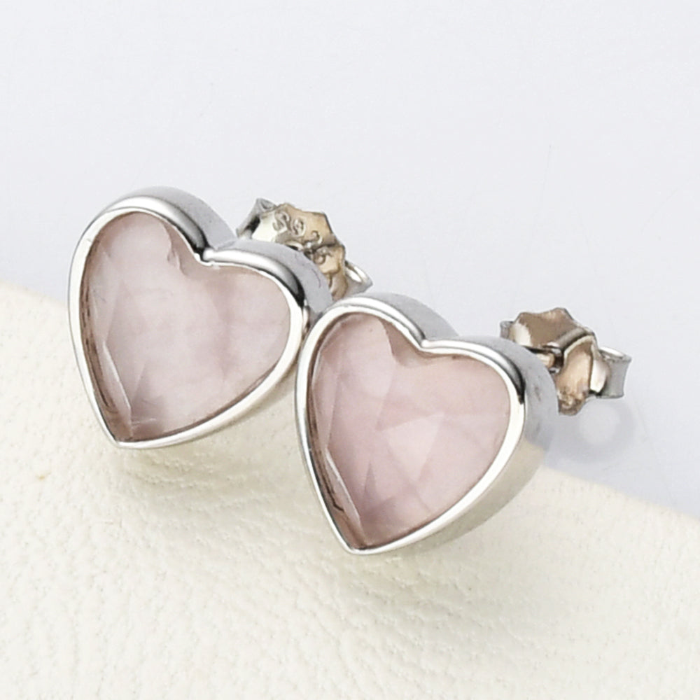 silver rose quartz heart stud earrings, S925 Sterling Silver Bezel Moonstone Heart Stud Earrings, Faceted Gemstone Crystal Earring, Birthstone Jewelry SS261