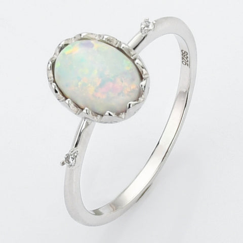 Oval Sterling Silver White Opal Ring, CZ Pave Jewelry Ring SS272-5