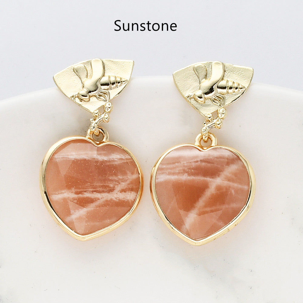 Sunstone Gemstone Heart Earrings, Gold Bee Studs, Faceted, Birthstone Earring, Healing Crystal Quartz Earring, Fashion Jewelry For Women