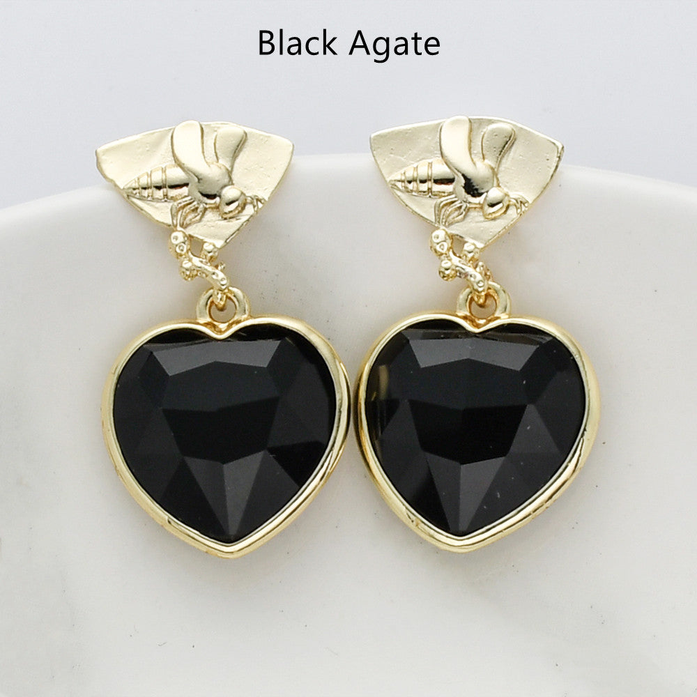 Black Agate Gemstone Heart Earrings, Gold Bee Studs, Faceted, Birthstone Earring, Healing Crystal Quartz Earring, Fashion Jewelry For Women