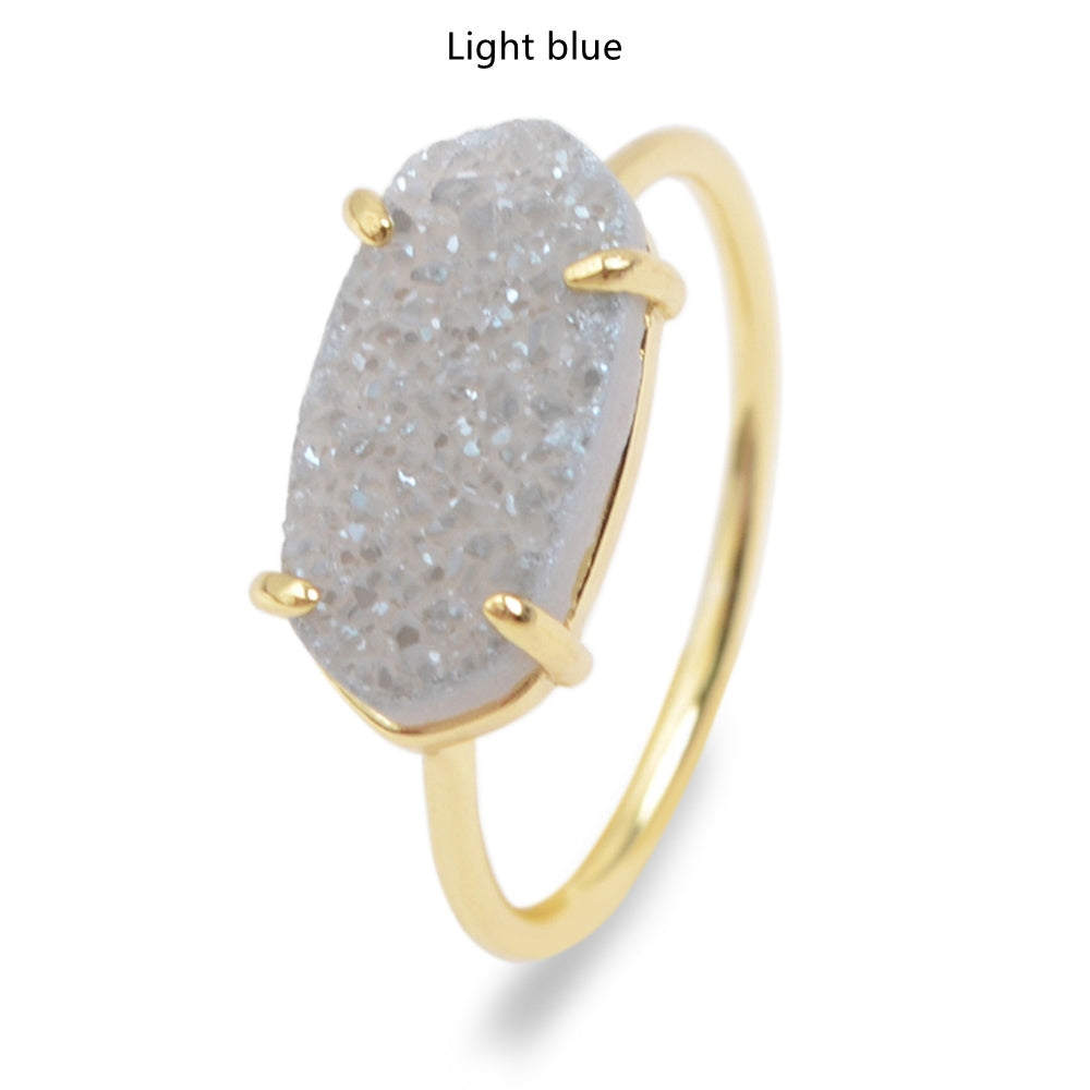 light blue  druzy ring, Hexagon Gold Claw Natural Titanium Druzy Ring, Agate Drusy Gemstone Ring, Boho Jewelry ZG0319
