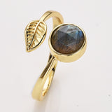 Gold Plated Leaf Round Gemstone Faceted Adjustable Rings, Natural Crystals Rings ZG0533