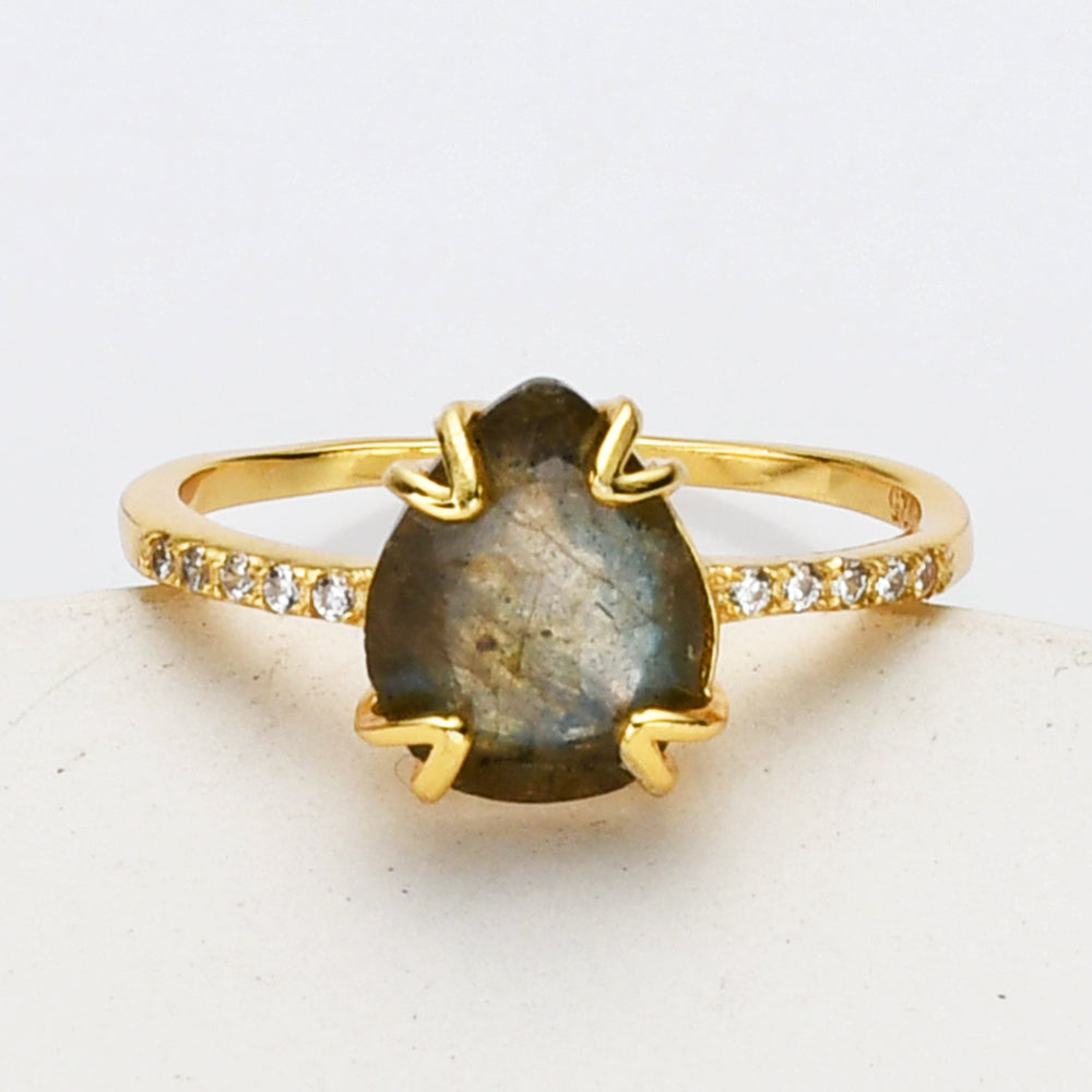 Gold Teardrop Gemstone Ring, Sterling Silver, CZ Pave, Faceted Birthstone Ring, Healing Fashion Jewelry SS257