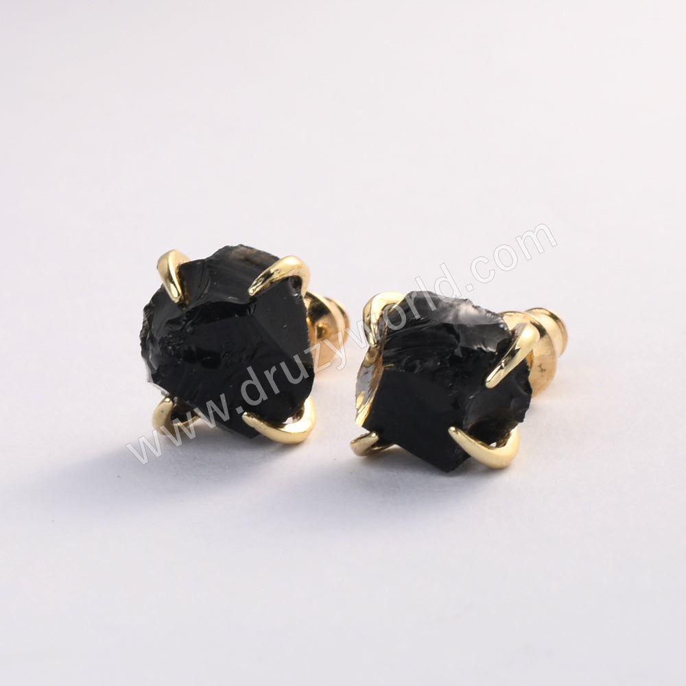 Gold Plated Claw Natural Gemstone & Crystal Studs Raw Quartz Studs Earrings Healing Jewelry ZG0446