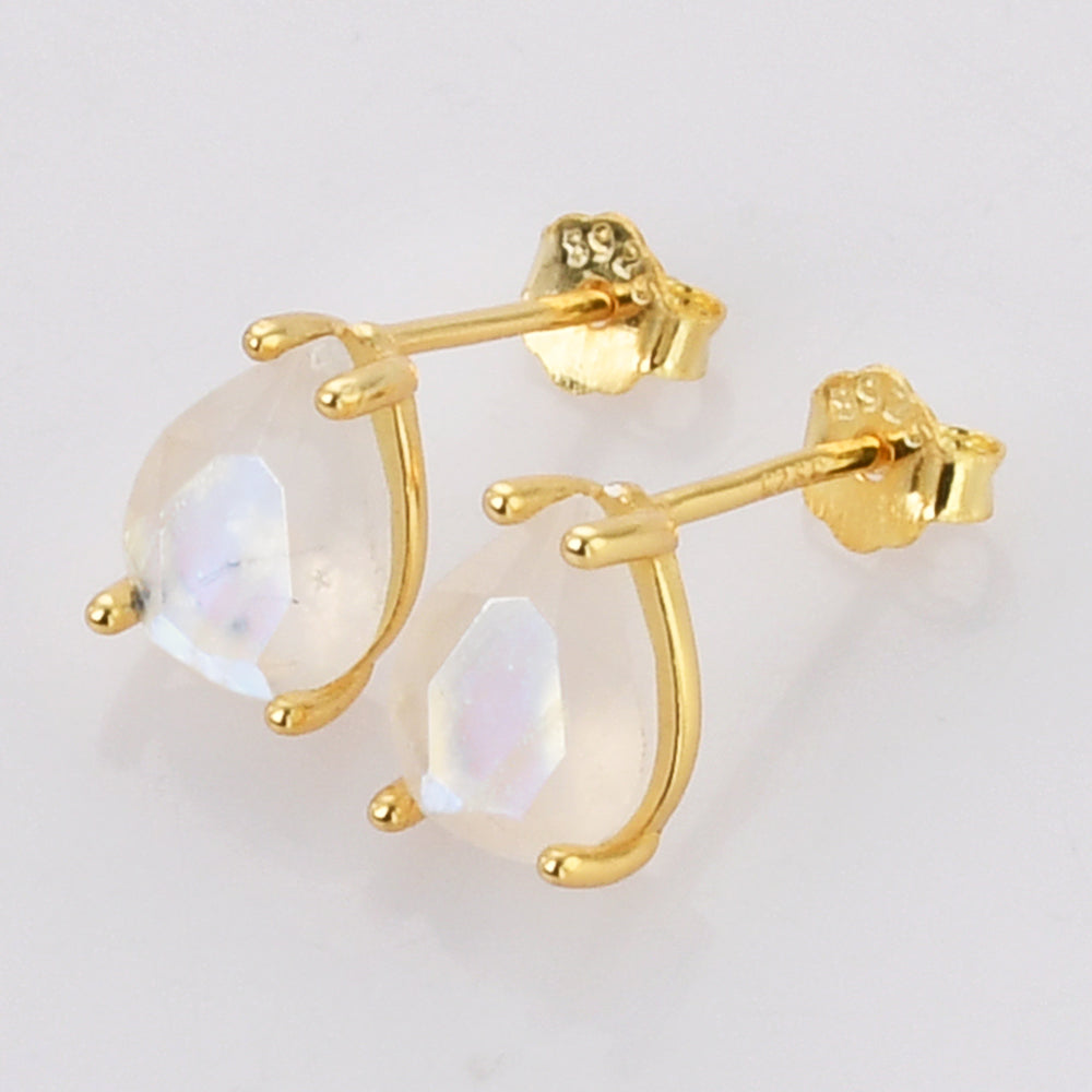 Gold Claw Teardrop Moonstone Stud Earrings, Faceted Gemstone Crystal Post Earring, Birthstone Jewelry SS247-1