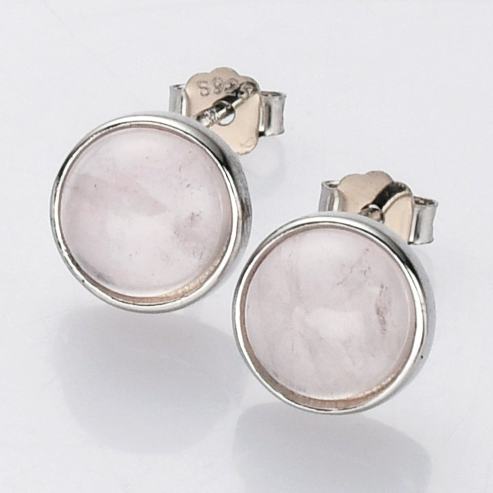 silver rose quartz stud earrings, round gemstone post earrings, birthstone earrings, healing stone earrings, boho jewelry