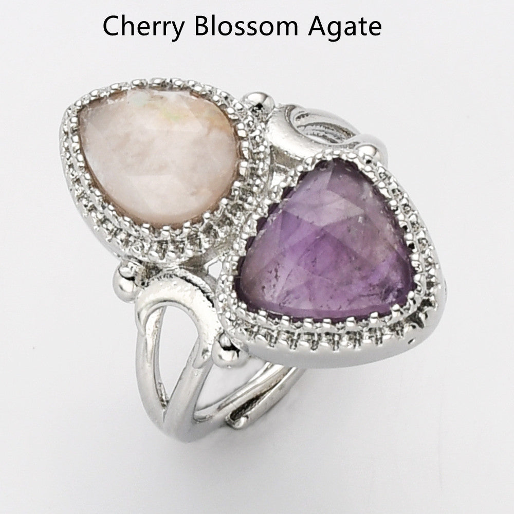 Blossom Agate Ring, Unique Triangle Amethyst & Teardrop Gemstone Ring, Silver Plated, Faceted Stone Ring, Adjustable, Crystal Jewelry WX2234