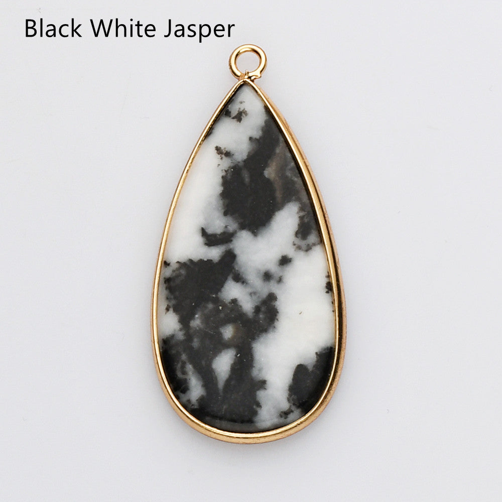 black white stone, Teardrop Gold Multi Gemstone Pendant Bead, Amethyst Jasper Stone Charm, Wholesale Supply WX2216