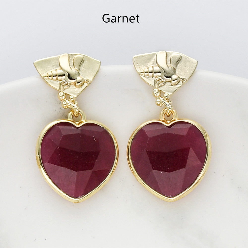 Garnet Gemstone Heart Earrings, Gold Bee Studs, Faceted, Birthstone Earring, Healing Crystal Quartz Earring, Fashion Jewelry For Women