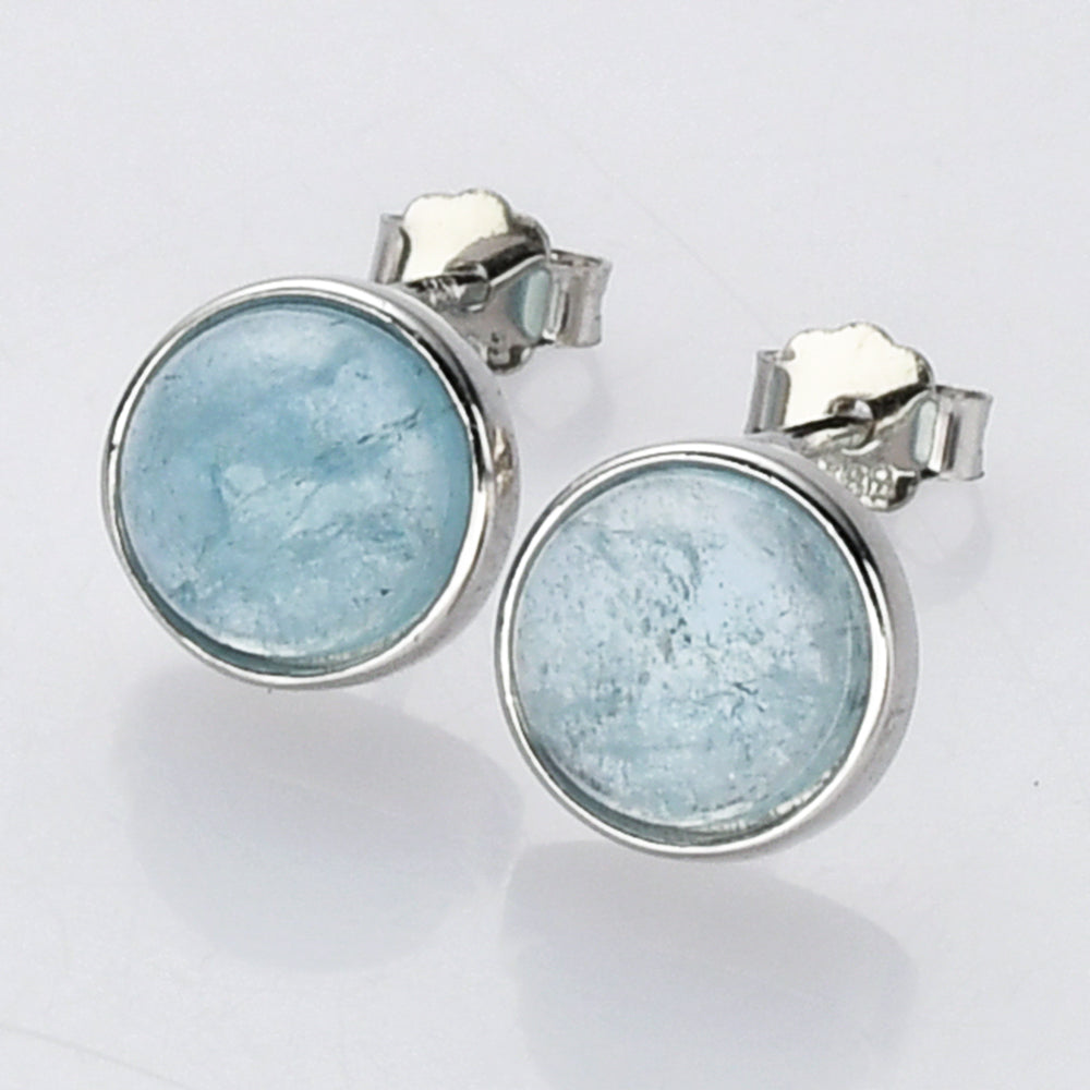 silver aquamarine stud earrings, round gemstone post earrings, birthstone earrings, healing stone earrings, boho jewelry