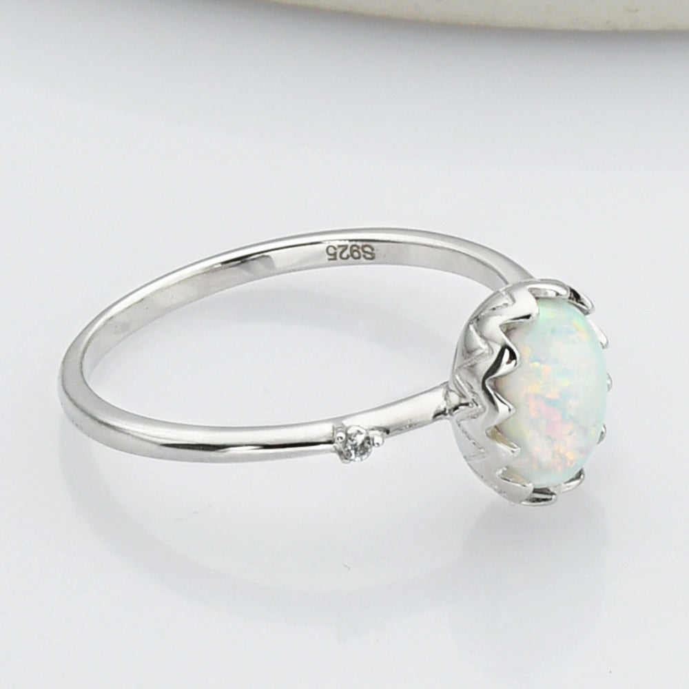Oval Sterling Silver White Opal Ring, CZ Pave Jewelry Ring SS272-5