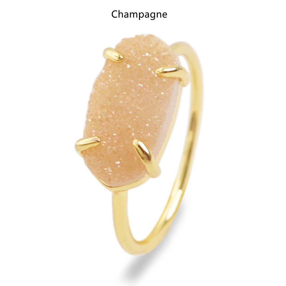 champagne  druzy ring, Hexagon Gold Claw Natural Titanium Druzy Ring, Agate Drusy Gemstone Ring, Boho Jewelry ZG0319