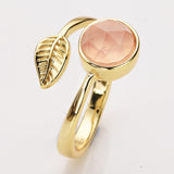 Gold Plated Leaf Round Gemstone Faceted Adjustable Rings, Natural Crystals Rings ZG0533