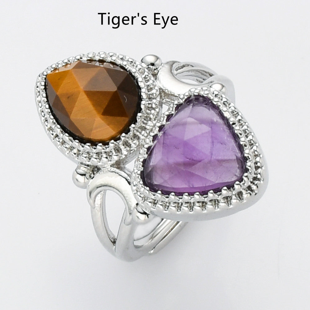 Tiger's Eye Ring, Unique Triangle Amethyst & Teardrop Gemstone Ring, Silver Plated, Faceted Stone Ring, Adjustable, Crystal Jewelry WX2234
