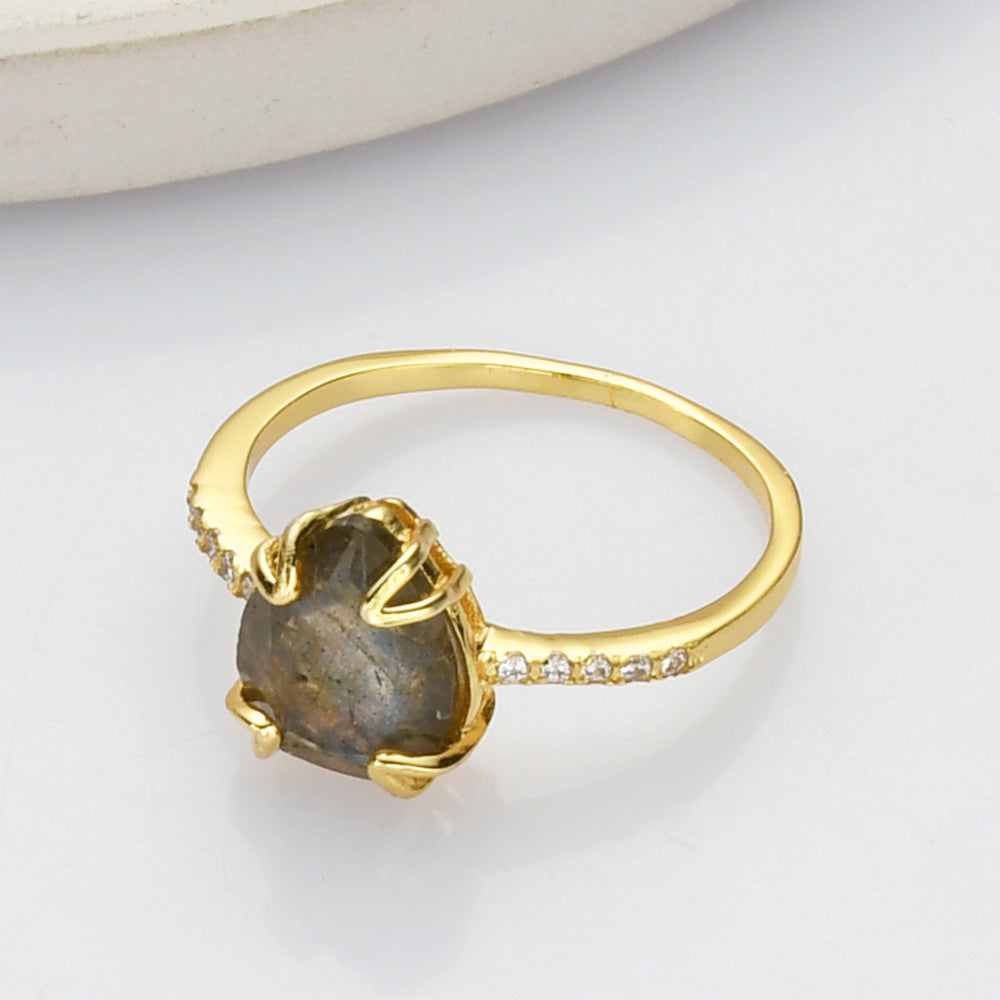 S925 Silver Gold Teardrop Gemstone Faceted Ring, CZ Micro Pave, Birthstone Ring Jewelry SS257