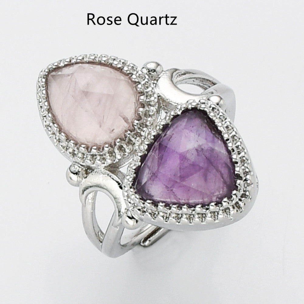 Rose Quartz Ring, Unique Triangle Amethyst & Teardrop Gemstone Ring, Silver Plated, Faceted Stone Ring, Adjustable, Crystal Jewelry WX2234