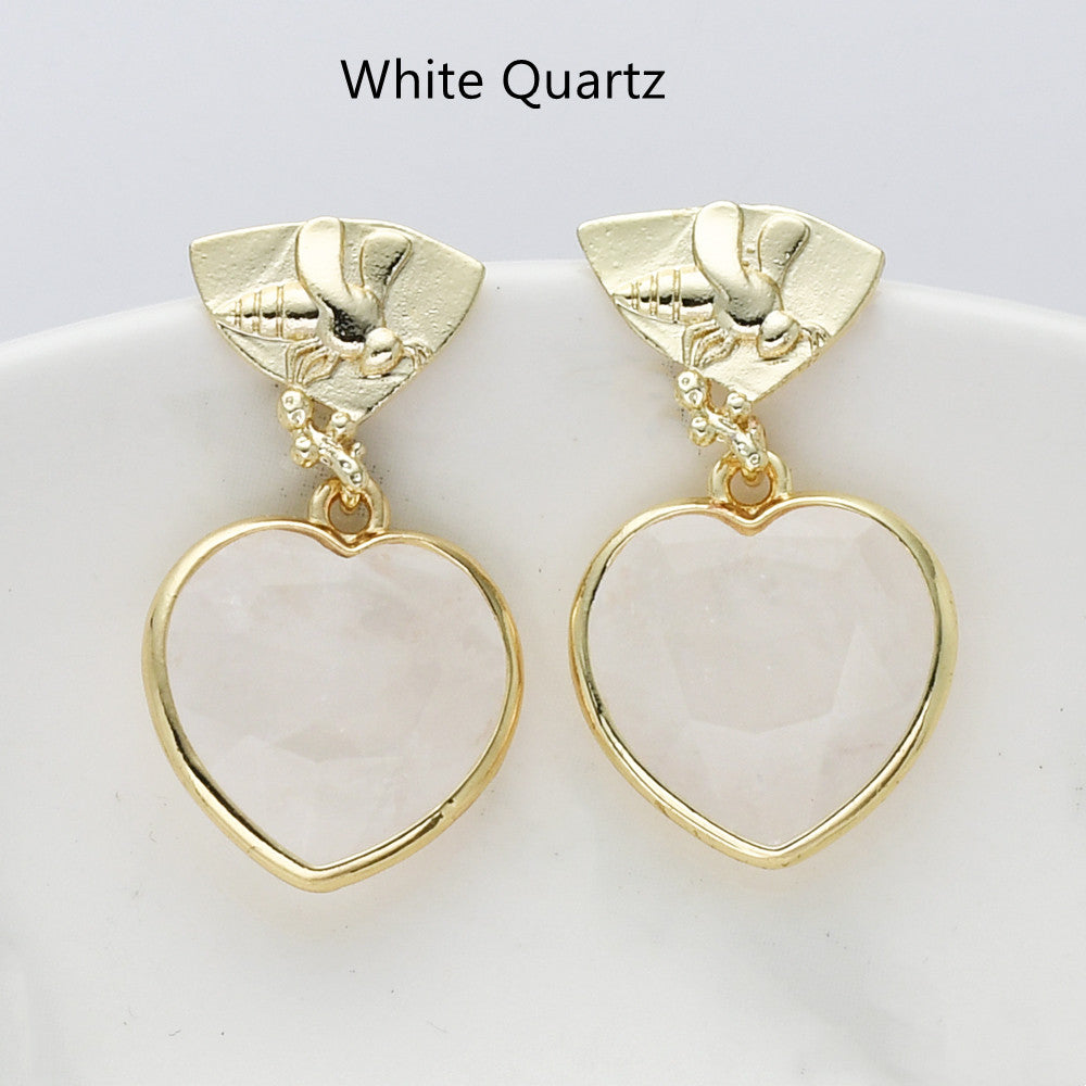 White Quartz Gemstone Heart Earrings, Gold Bee Studs, Faceted, Birthstone Earring, Healing Crystal Quartz Earring, Fashion Jewelry For Women
